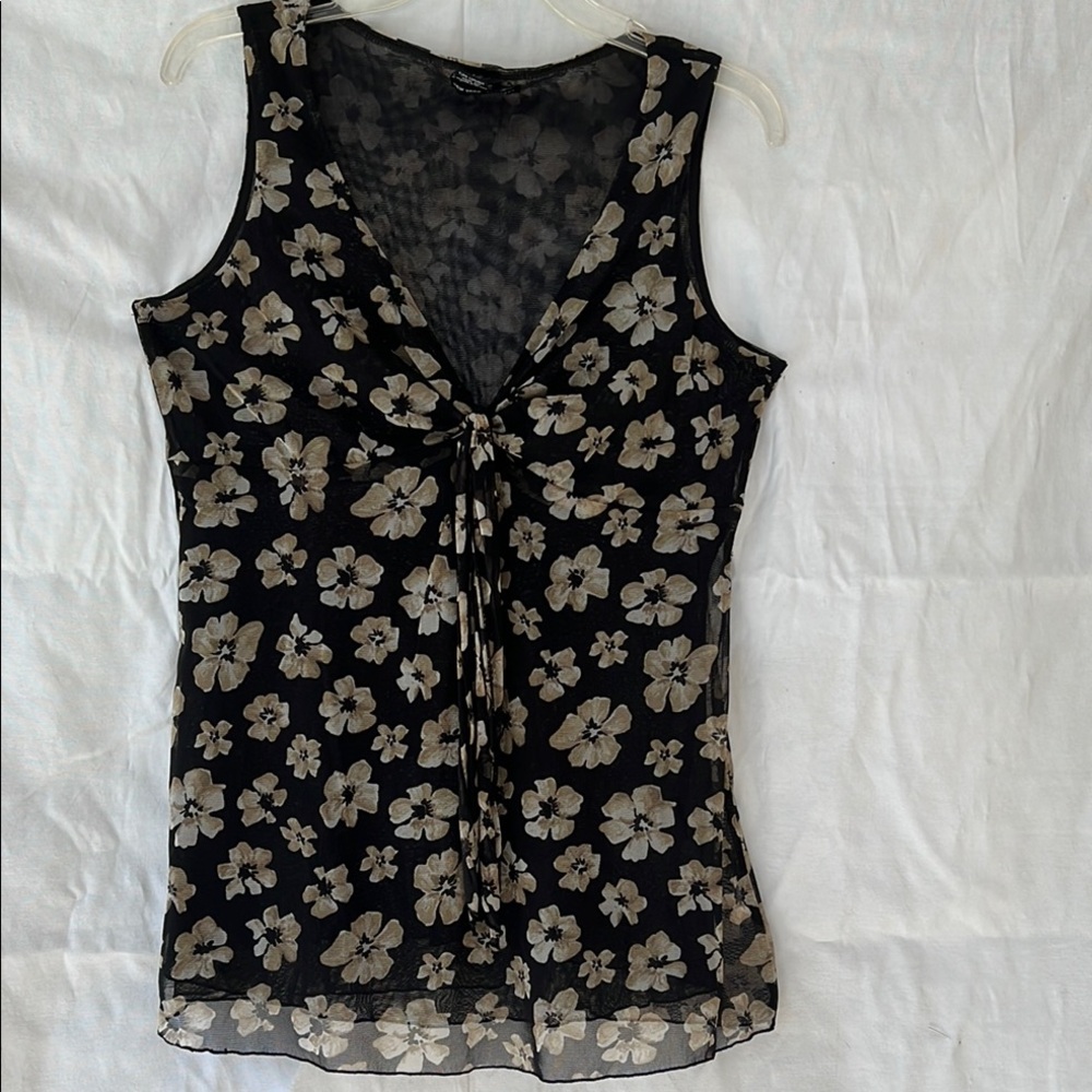New York & Company Black and Gold Tie Front Tank Top